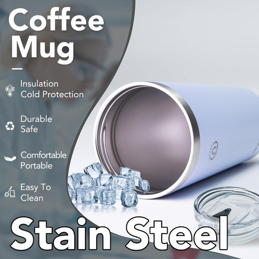 Insulated Coffee Mug with Lid, Reusable Stainless Steel Travel Coffee Cup, 16 Oz Double Wall Vacuum Spill Proof Tumbler Cups for Men and Women Hot & Cold Drinks(Purple)