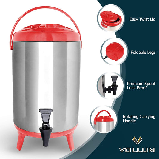 Stainless Steel Insulated Beverage Dispenser โ Insulated Thermal Hot and Cold Coffee Carafe โ 10 Liter Drink Dispenser with Spigot for Hot Water, Tea & Coffee, Cold Milk, Juice & More RED