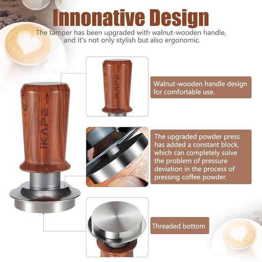 IKAPE 51mm Espresso Coffee Tamper, Spring-loaded Calibrated Tamper with Premium Stainless Steel, Walnut Wooden-Handle Tamper Compatible with All 51mm Espresso Machine Bottomless Portafilter