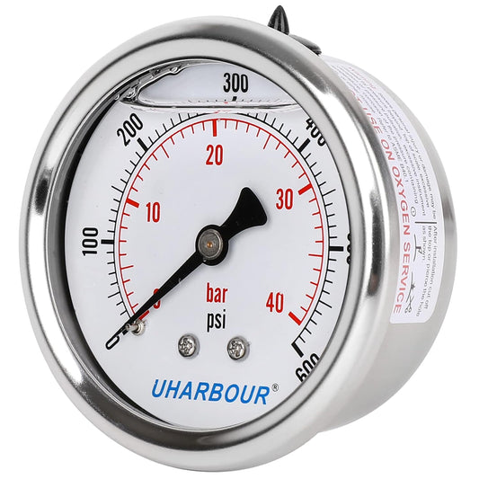 Glycerin Filled Pressure Gauge 600psi/40bar, Stainless Steel case, Brass Inside Construction, 2-1/2" dial, 1/4" NPT Back Connection.……