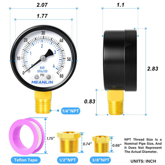 MEANLIN MEASURE 1/4" NPT 0-60Psi 2" Dial Face Well Pump Pressure Gauge, Lower Mount, Suitable for Water, Oil, Air Pressure Testing