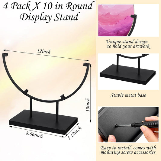 Blulu 4 Pcs 12 Inch Round Metal Display Stands for Stained Glass Art Fused Display Stands Decorative Fused Glass Art Base for Plate Picture Platter Photo(Black)