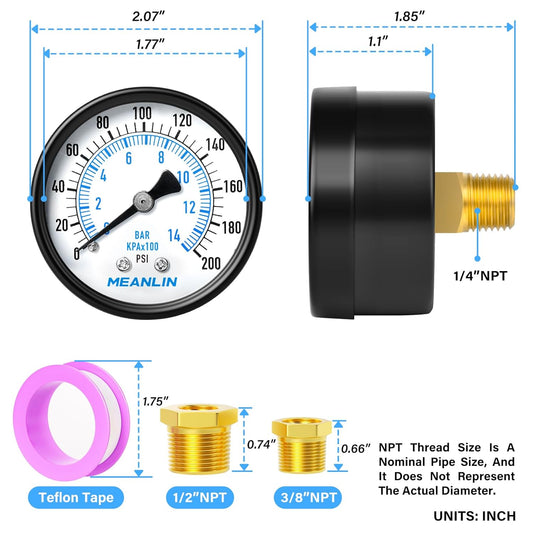 MEANLIN MEASURE 0-200Psi 2" DIAL FACE 1/4" NPT Well Pump Pressure Gauge, with 1/2" NPT and 3/8" NPT Hex Bushing, 3-2-3% Accuracy, Center Back Mount