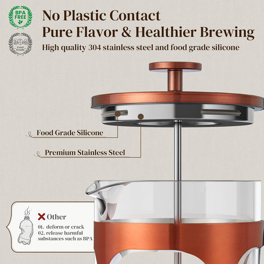 Veken French Press Coffee Maker 34oz 1 L, No Plastic Touching Cafe, Heat Resistant Thickened Borosilicate Glass, Stainless Steel Brewer, Cold Brew Cafetera Teapot for Kitchen Travel Camping, Copper