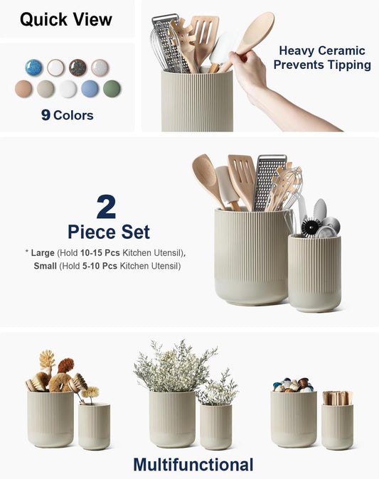 LE TAUCI Utensil Holder, 7.3"+5.4" Ceramic Kitchen Utensil Holder for Countertop, Large Cooking Utensil Crocks for Kitchen Counter, Morden Utensil Organizer for Spatula, Set of 2, Oatmeal Greige