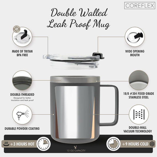 COREFLEX 12 oz Insulated Coffee Mug with Handle & Lid, Stainless Steel Double Walled Vacuum Insulated Tumbler, Travel Coffee Cup Thermal Cup - Home, Office, Travel, Outdoor, Camping