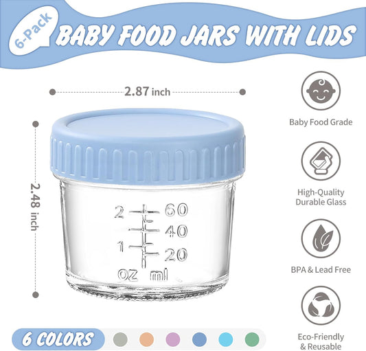 DRKIO 6 Pack Glass Baby Food Storage Containers - 4 Oz Baby Food Jars with Lids Baby Food Maker Microwave Dishwasher Freezer Safe 100% Leak Proof BPA Free Reusable