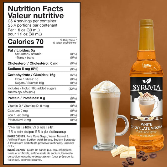 Syruvia White Chocolate Mocha Syrup For Coffee 25.4 Oz. - Kosher & Gluten Free, No Coloring, Perfect for Drinks, Soda, Shakes, Desserts, and More.