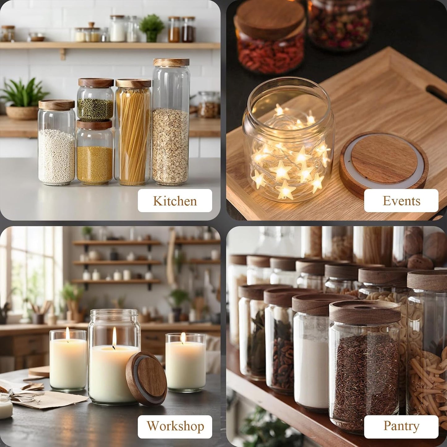 Glass Jars with Airtight Wood Lids - 34 oz Large Kitchen and Pantry Storage Containers, Canisters for Spaghetti, Noodles, Pasta, Ground Coffee, Sugar, Cereal, Set of 2