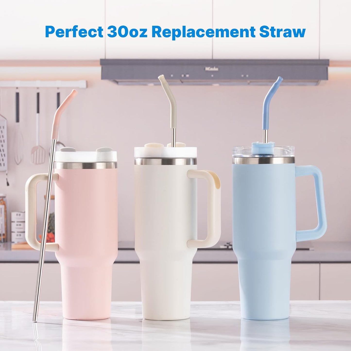 Repeatable Metal Straw with Silicone Tips for 30 oz Stanley Tumbler, 2 Pcs 30 oz Stainless Steel Straws Replacement for Stanley Tumbler, 1 Straw Brush, BPA Free(Black)