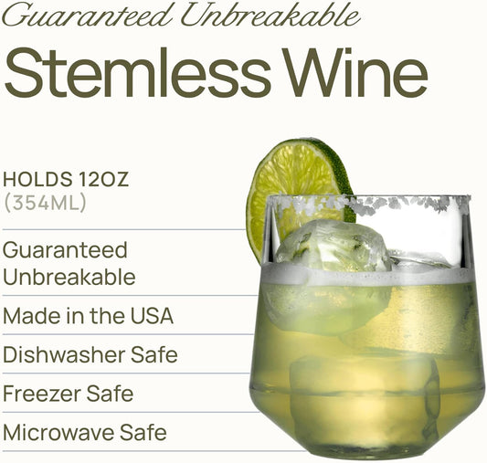 Drinique Unbreakable Stemless Wine Glasses (Set of 4) 12oz Tritan Plastic Stemless Glassware for Indoor or Outdoor Use - Amber