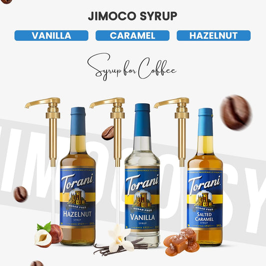 Coffee and Tea Syrup Variety Pack - Sugar Free Vanilla, Salted Caramel & Hazelnut Syrups for Coffee with 3 Jimoco Syrup Pump Dispenser Compatible with 25.4 Ounces