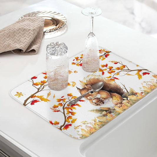 Fall Dish Drying Mat for Kitchen Counter Squirrel Drying Pad Absorbent Drying Mats for Countertops Sinks Draining Racks Pine Cone Autumn Maple Leaves Drainer Holiday Harvest Thanksgiving Decor 16x18