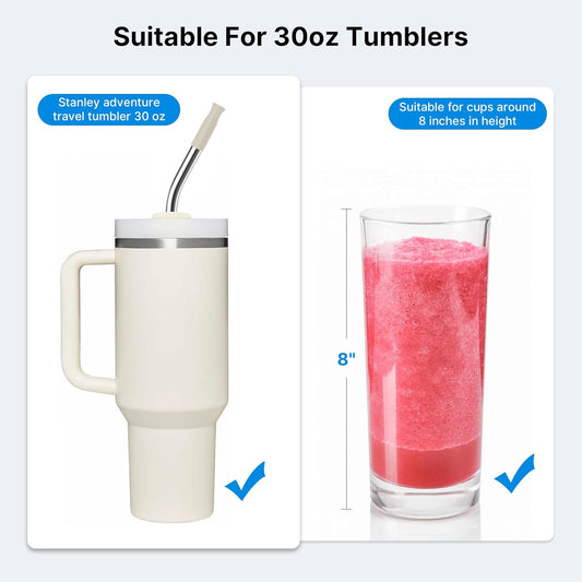 Repeatable Metal Straw with Silicone Tips for 30 oz Stanley Tumbler, 2 Pcs 30 oz Stainless Steel Straws Replacement for Stanley Tumbler, 1 Straw Brush, BPA Free(Cream Grey)