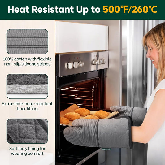Beneno Kitchen Oven Mitts 2-Pack Heat Resistant to 500°F with Non-Slip Silicone Grip, Extra Long 14.3" Forearm Protection, Soft Quilted Cotton Terry Lining, Ideal for Cooking, Baking, Grilling, Gray