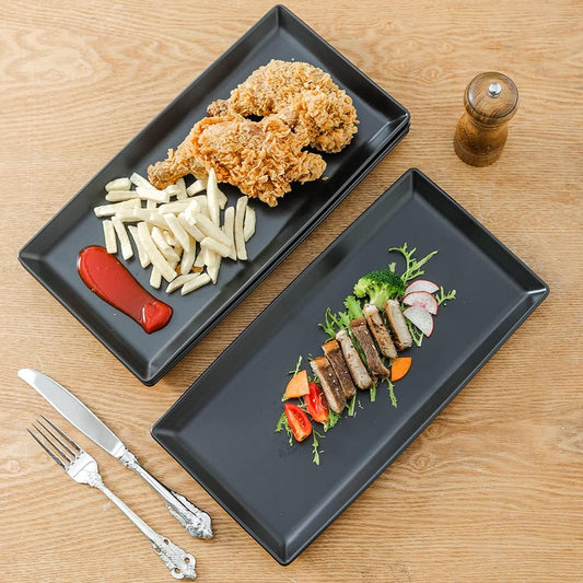 KOOV Ceramic Serving Tray, 14 Inches Large Serving Platter, Rectangular Serving Tray, Porcelain Serving Plates, Ceramic Serving Dishes for Dinner, Party, Sushi, Dessert, Food, Set of 4 (Matte Black)