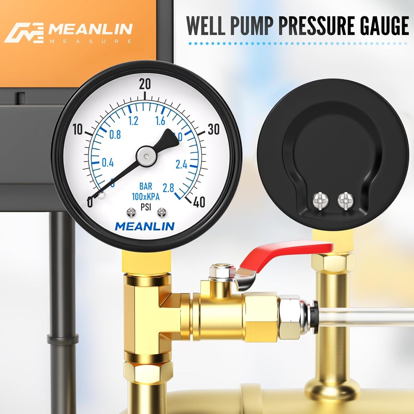 MEANLIN MEASURE 0-40Psi 2" DIAL FACE 1/4" NPT Well Pump Pressure Gauge, with 1/2" NPT and 3/8" NPT Hex Bushing, 3-2-3% Accuracy, Lower Mount