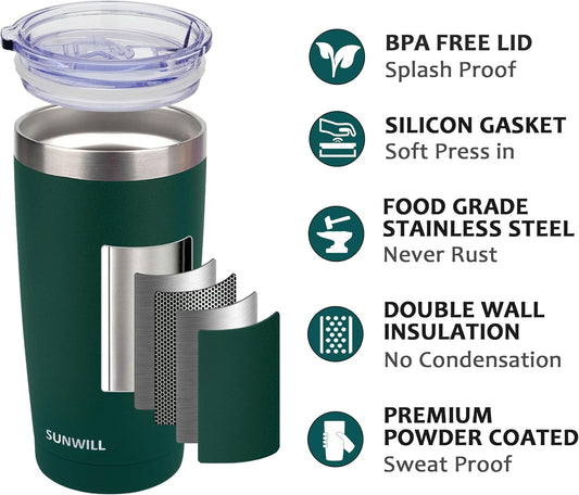 SUNWILL Travel Coffee Mug with Lid, 20 oz Tumbler Set of 2, Insulated Stainless Steel Cup for Drinks, Water, Tea, Powder Coated Forest Green & Plum