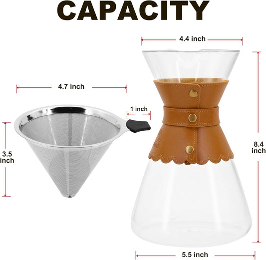 34oz Pour Over Coffee Maker with Double Layer Stainless Steel Filter, Borosilicate Glass Dripper, Detachable Heat-Resistant Leather Pad 7-8 Cups Coffee Maker Carafe(Light brown)