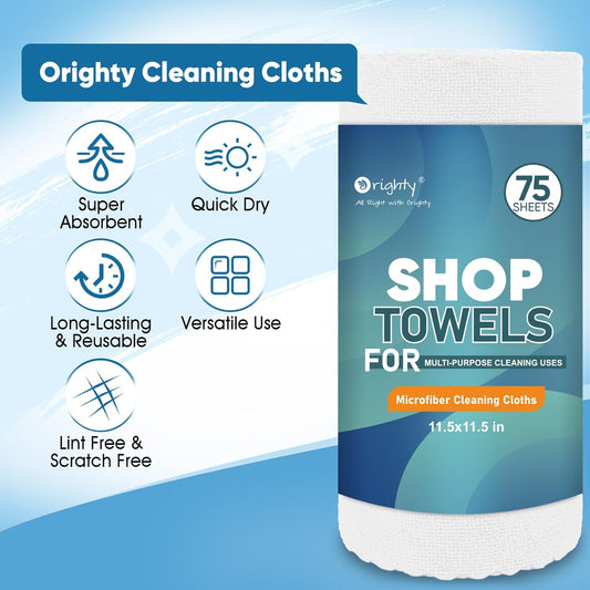 Orighty Microfiber Cleaning Cloths, 75 Sheets Shop Towels, Reusable Paper Towels Shop Rags, Washable Microfiber Towel Roll Cleaning Rags for Cars, House, Kitchen, 11.5โโ x 11.5โโ, White