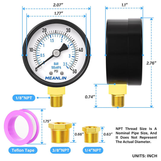 MEANLIN MEASURE 0-50Psi 2" DIAL FACE 1/8" NPT Well Pump Pressure Gauge, with 1/4" NPT and 3/8" NPT Hex Bushing, 3-2-3% Accuracy, Lower Mount