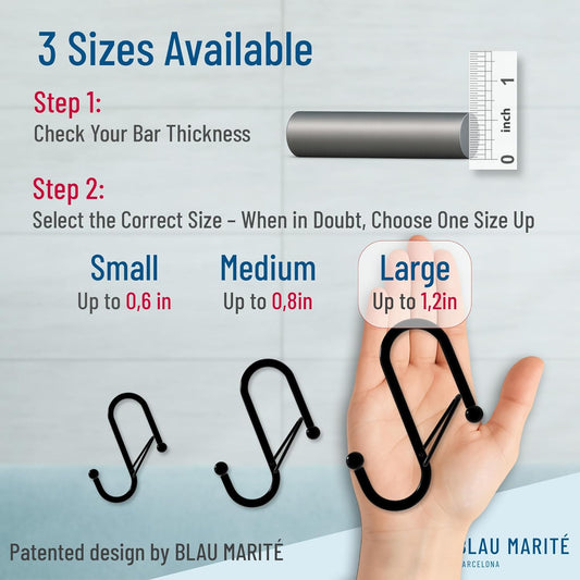6-Pack Metal S Hooks for Hanging – Heavy-Duty S-Shaped Hook with Safety Buckle – Fits Bars up to 1.2 in – Anti-Drop S-Hooks for Closet, Wardrobes & Storage – Silver (Large)