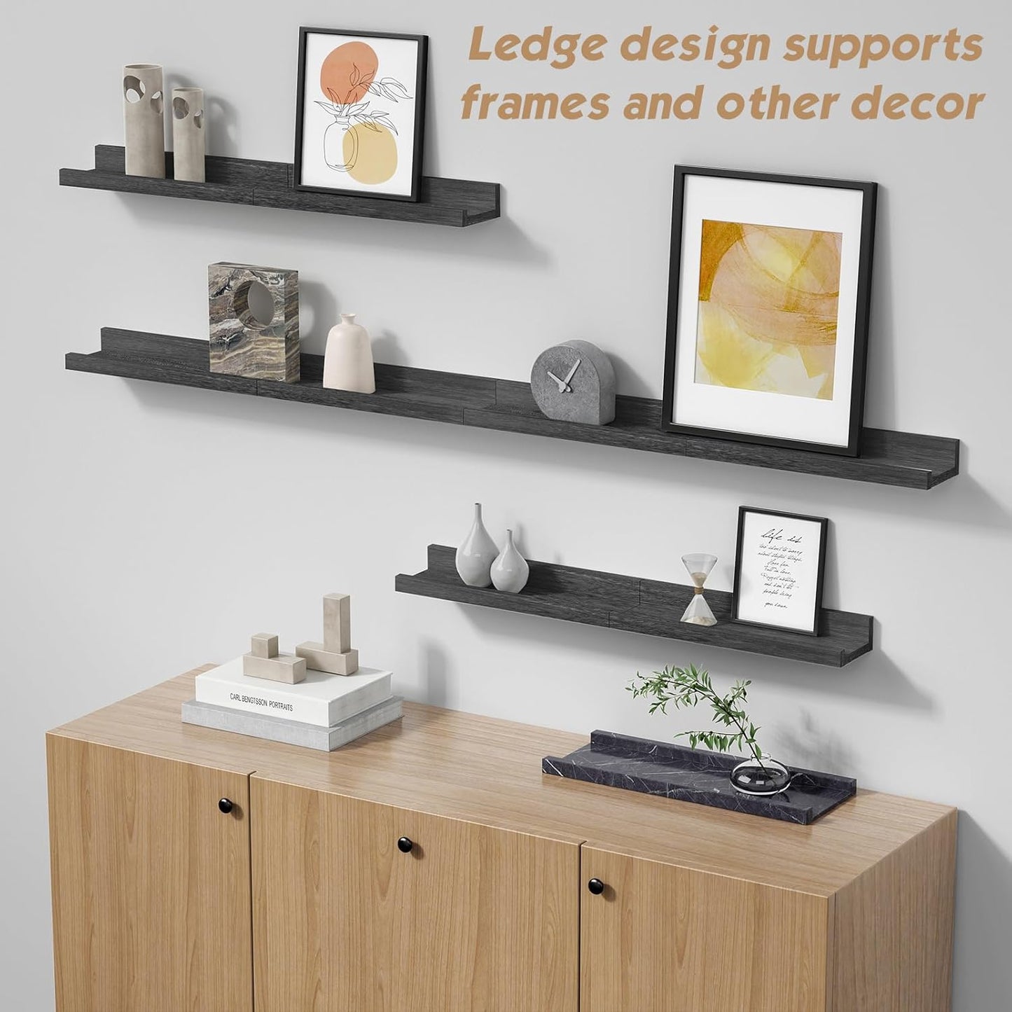 Forbena Black Picture Ledge Shelf, Floating Shelves with Lip for Wall, Small Wall Shelves for Bathroom Bedroom Kitchen Office Living Room Books, Art Pictures, Photo Frame, Plants (4-Pack, Real Wood)
