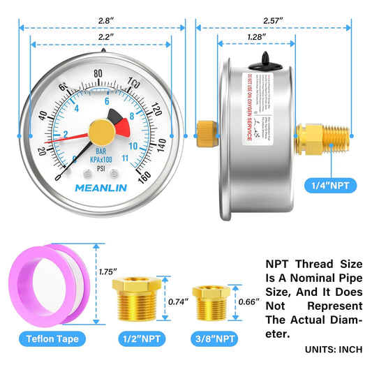 MEANLIN MEASURE 0~160Psi Stainless Steel 1/4" NPT 2.5" FACE DIAL with Reset Pointer Liquid Filled Pressure Gauge WOG Water Oil Air, Back Mount, with Brass Hex Bushing