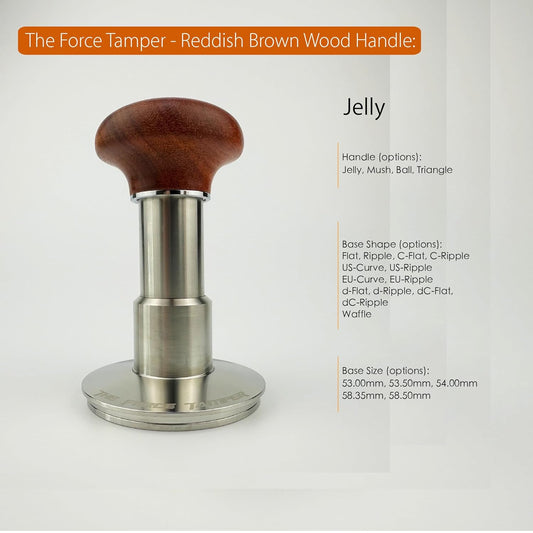 The Force Tamper Automatic Impact Adjustable Constant Pressure and Autoleveling Coffee Tamper Reddish Brown Jellyfish Wooden Handle Set Pro (C-Ripple Distribute Set, 58.35mm)