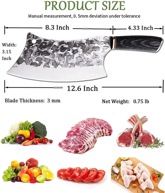 BLADESMITH Butcher Knife 8“, Forged Meat Cleaver Kitchen Knives, Curved High Carbon Steel Blade, PakaWood Handle, for Slicing and Cutting