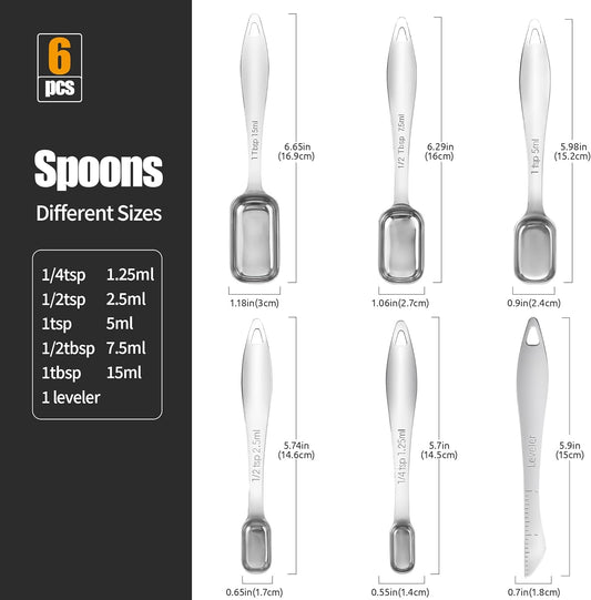 18/8 Stainless Steel Measuring Spoons: Doosu Heavy Duty Rectangular Spoon Square Teaspoon Tablespoon Scoop with Slim Long Handle in Narrow Spice Jar for Kitchen Baking Cooking (Set of 6 with Leveler)