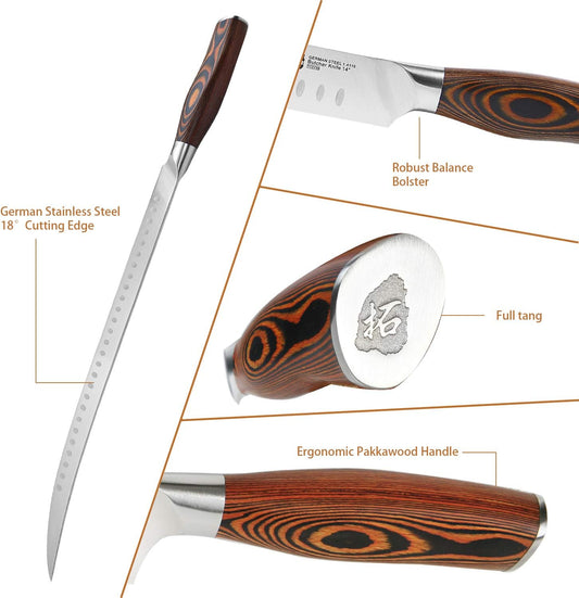 TUO Cimitar Butcher Knife - 14 Inch Butcher's Breaking Knife Long Meat Slicing Knives Pro Curved Slicer Carver - Forged German Steel with Full-Tang Pakkawood Handle - Fiery Series Gift Box Included