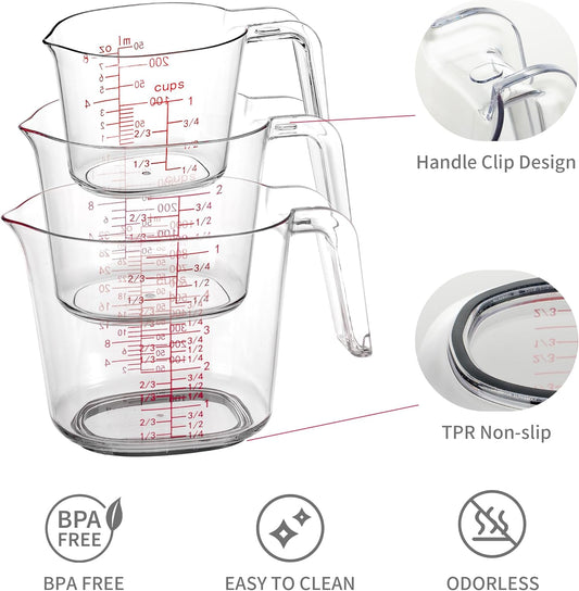 3PCS Nesting Liquid Measuring Cups Set, Measuring Jugs For Kitchen 1 Cup/250ml/8oz, 2 Cup/500ml/16oz,4 Cup/1000ml/32oz - BPA Free Plastic Set with Spout Multiple Measurement Scales (Clear)