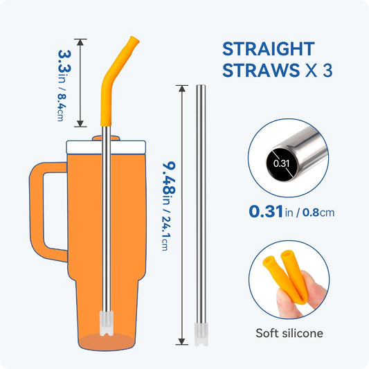 Reusable Metal Straws with Silicone Tip for Stanley 30oz,Stainless Steel Drinking Straws for 30oz Tumbler,3 Straight Tubes & 6 Tips& 1 Cleanr Brush (Goldenrod)