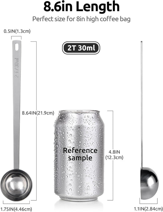 U-Taste Coffee Scoop 2 Tablespoon: 18/8 Stainless Steel Measuring Scooper for Ground Coffee, Bean, Powder, Espresso, 6.9in Long Handle Metal Meaure Spoon for Canister, Jar (2Tbsp/30ml, Silver)