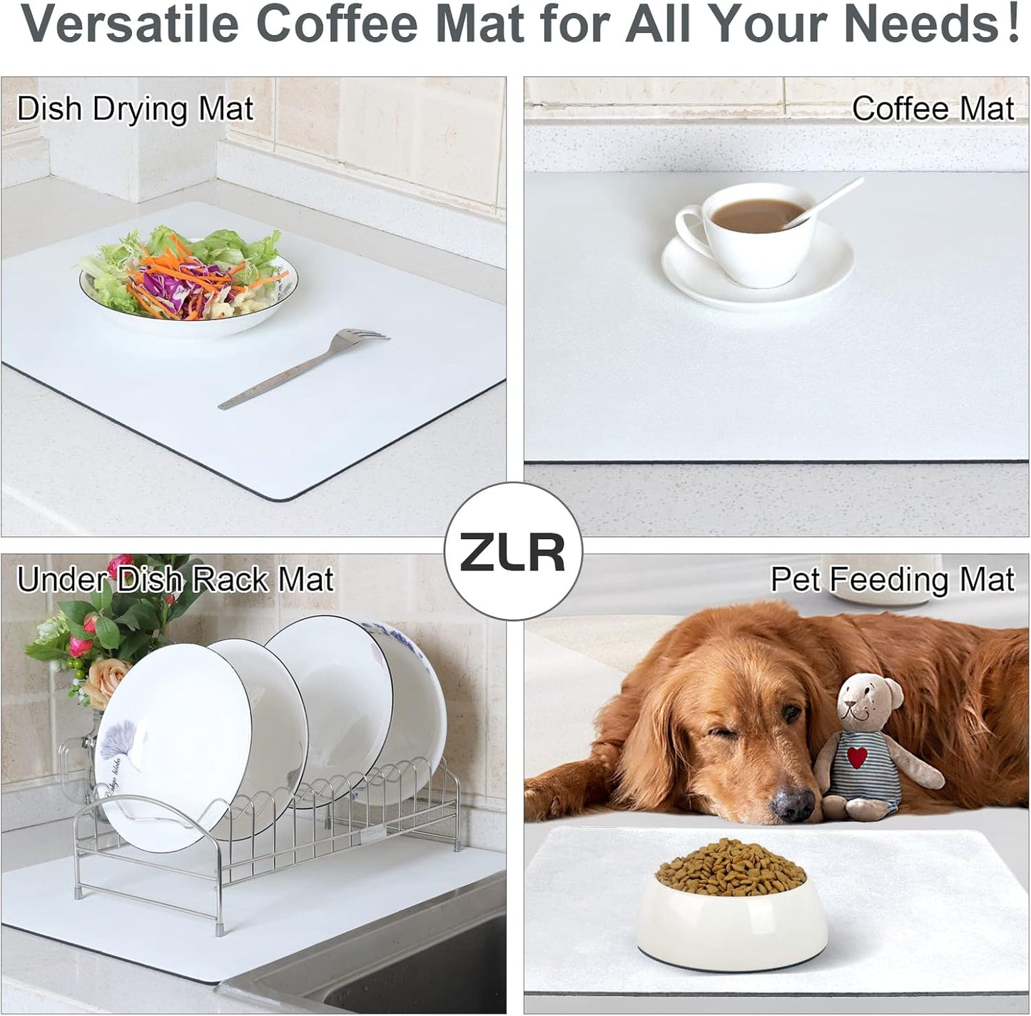 ZLR Coffee Mat - 16" x 20" Large Kitchen Hide Stain Absorbent Dish Drying Mat for Countertop - Easy to Clean Coffee Bar Mat for Espresso Machine and Spill Protection - Milk White