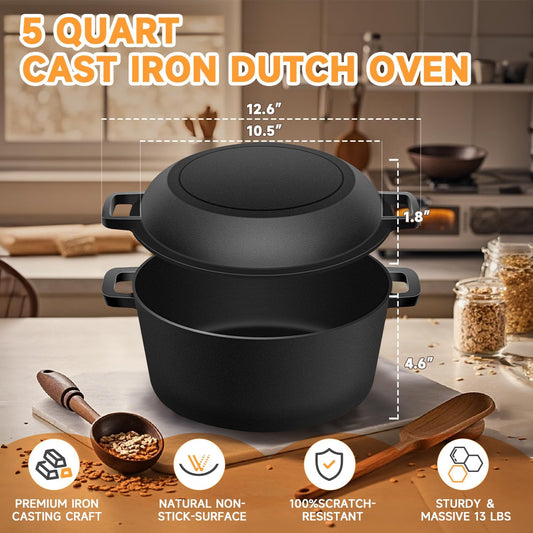 Cast Iron Dutch Oven Bread Baking Kit - 10-Piece Set with Banneton Basket, Dough Scraper, pizza shovel,Bread Lame, Whisk, Brush, and Silicone Grips with Skillet Lid Cooking Pan Handles Lame, 5QT