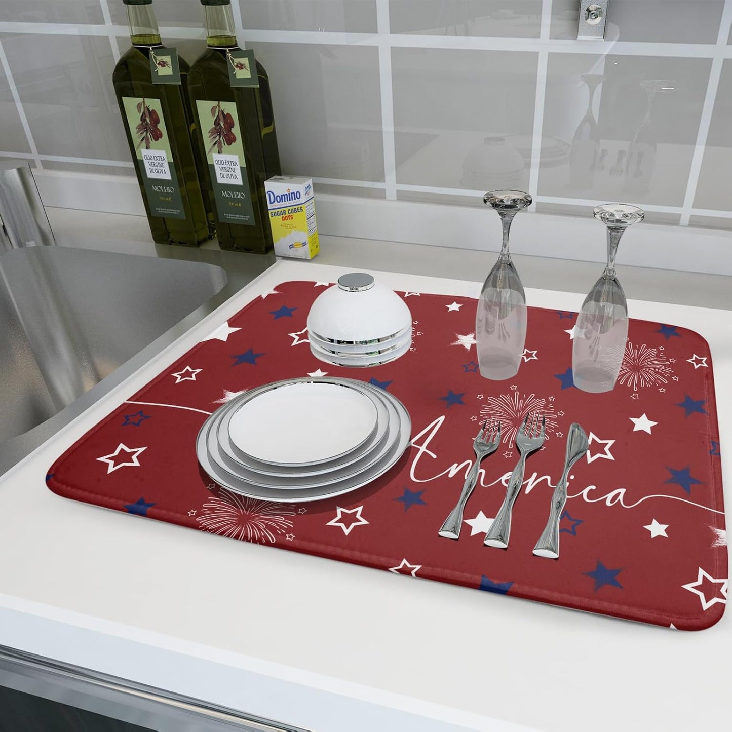 Giwawa 4th of July Dish Drying Mat 18"x24" Patriotic Usa Stars America Firework Dish Drainer Mats Independece Day Absorbent Microfiber Dish Drying Pad for Kitchen Countertop Large Decor