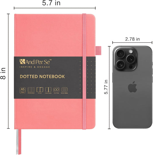 &And Per Se Dotted Journal Notebook, A5 Hardcover Leather Bullet Dotted Journal, 160 Pages 100GSM Thick Paper, 3 Sheets of Stickers Included - 5.7'' x 8'' (Rose pink)