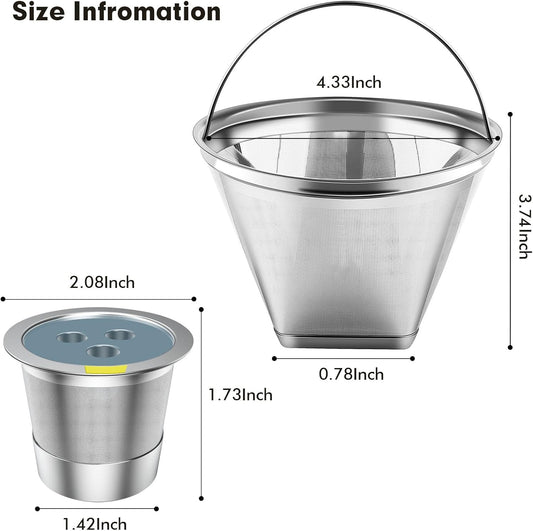 Stainless Steel Reusable Coffee Filter Compatible with Coffee Maker, Reusable Coffee Pods with 4 Cone Coffee Filters, Reusable Coffee Filters for Ninja CFP201 CFP300 CFP301 CFP307