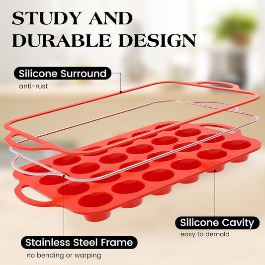 Silicone Mini Muffin Pan With Stainless Steel Reinforced Frame 24 Cups Nonstick Cupcake Molds for Baking Silicone Muffin Tray with Handles(1 Pc, Red)