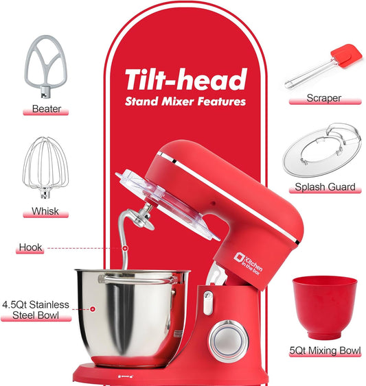Kitchen in the box Stand Mixer, 4.5QT+5QT Two bowls Electric Food Mixer, 10 Speeds 3-IN-1 Kitchen Mixer for Daily Use with Egg Whisk,Dough Hook,Flat Beater (Matte Red, 5QT)