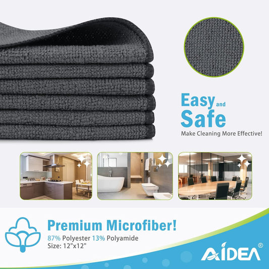 AIDEA Microfiber Cleaning Cloth-12PK, Soft Microfiber Towels for Cars, Absorbent Cleaning Rags, Lint-Free Streak-Free Wash Cloths for House, Kitchen, Window(12in.x12in), Grey