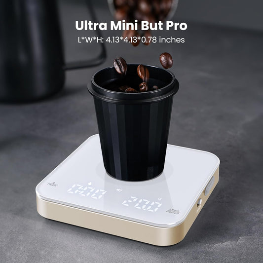 Rechargeable Mini Coffee Scale with Timer, Maestri House Espresso Scale, 2kg/0.1g Accurate Scale for Espresso and Pour-Over Coffee, Portable Digital Kitchen Scale with Automatic Timing(White&Glod)