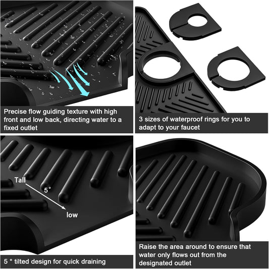 Faucet Mat for Kitchen Sink,6° Slope Sink Splash Guard,Splash Guard for Kitchen Sink,Kitchen Sink Splash Guard for Dish Soap Sponge Holder,Silicone Faucet Guard & Draining Mat-Black