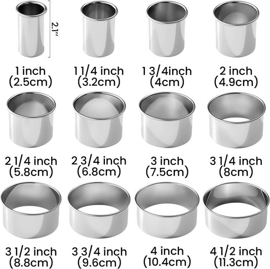 12-Piece 304 Stainless Steel Biscuit Cutter Set, Round Cookie Cutters for Baking (1/2/3/4/5'') with PP Storage Box, Dough Pastry Cake Circle Cutting Ring Molds, Non-Rust Double Thickness & 2.1‘’ High