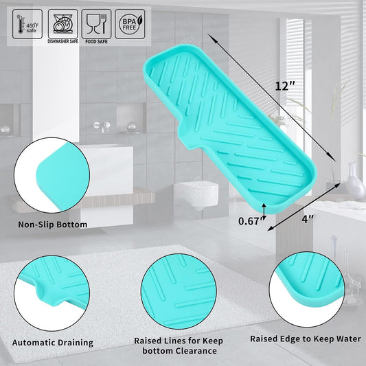 Silicone Bathroom Soap Dishes with Drain Spout-Bathroom and Kitchen Sink Organizer,Sponge Holder,Dish Soap Tray,Perfect for Dispenser,Scrubber,Bottle,Cup on Sink or Counter-Mint 12"×4"