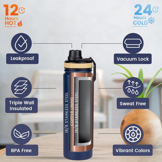 Lexlion Fruit Infuser Water Bottle - 22 Oz, Triple Walled Insulated Stainless Steel, Thermal Leaf Infuser, Silicone Sleeve, 3 Lids Leakproof, Metal Mug