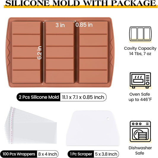 2 Pcs Chocolate Bar Molds Deep Large Chocolate Molds Silicone Break Apart Thick Silicone Molds for Candy Bar, With 100 Pcs Bags and 1 Pc Scraper Set (5 Snap)
