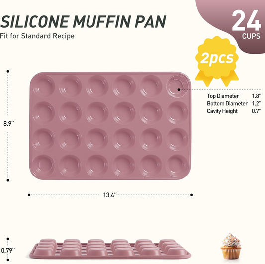 2 Pack 24 Cups Mini Muffin Pan with Metal Reinforced Frame Silicone Molds Cake Pans Egg Bites Silicone Circle Cookie Molds Muffin Tin Tart Pans Non Stick Toxic Oven Safe Baking Sheet Set